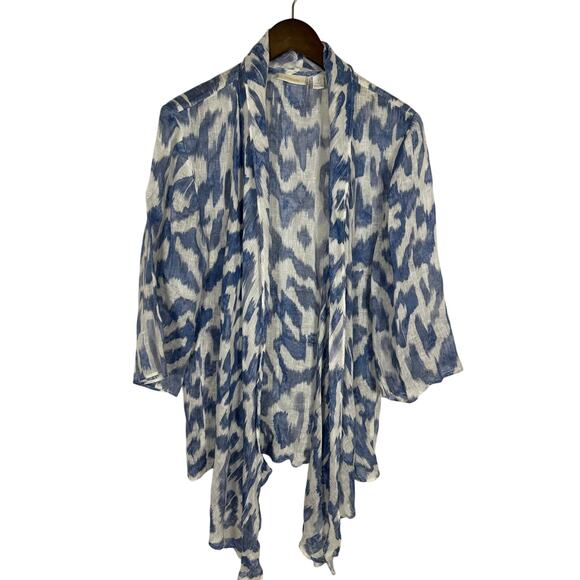 Chico's‎ 100% Linen Open Front Cardigan Blue White Beachy Resortwear 1 US Sz M - Picture 1 of 8